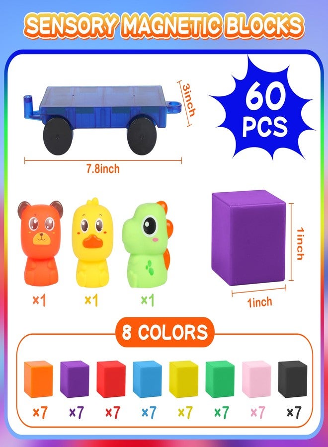 LONEEDY 60-Pack Magnetic Building Block Set with Animal Figures & Magnetic Cart - Magnet Constructions Cubes Educational STEM Toy for Kids 3-8 Years (Color Mixing-60PCS) - Image 2
